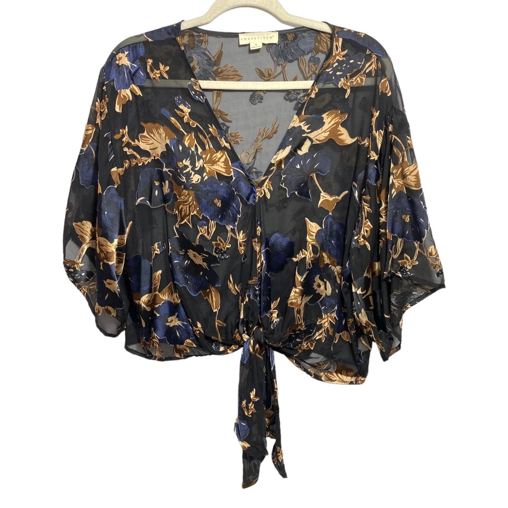 Love Stitch Womens Sz S Crop Short Sleeve Tie Front Floral Blouse Semi Sheer